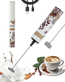 INFOOD Milk Frother Rechargeable with Cover - Coffee Frother Wand, Drink Mixer Handheld with 2 Detachable Stainless Whisks 2 Speed Adjustable for Latte, Cappuccino, Hot Chocolate, Egg, White Floral