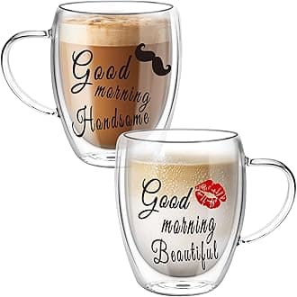 Top-Spring Double Walled Glass Coffee Cups for Couples, Insulated Latte Glasses Couple Mugs Set of 2, Mug Tea Cups with Handles, Heat Resistant, 350ml Cappuccino Espresso Cup