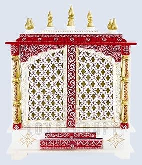 Wooden Temple/Home mandir/god Stand for/Pooja Stand/mandap/mandapam/Pooja mandir with Doors (Large 24x12x30 WxDxH INCH, White red Golden)