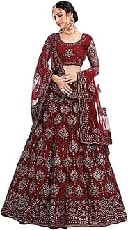 PREHANA FASHION Women's Soft Net/Satin Embroidery Semi Stitched Lehenga, Choli With Dupatta Set