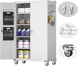 72" H Wide and Deep Garage Storage Cabinet with Wheels & Pegboard, Large Locking Metal Storage Cabinet with 2 Doors and 4 Adjustable Shelves for Garage, Home, Assembly Required, White