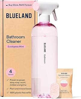 BLUELAND Bathroom Cleaner, Starter Set, Eucalyptus Mint Scent, Spray Bottle with 4 Refill Tablets, Eco-Friendly Cleaning Supplies, 4 x 24 Fl oz