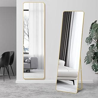 Decorhills Full Length Mirror 147x37cm – Rectangle Full Body Mirror with Stand, Rounded Corner Floor Mirror with Frame, Standing & Wall Mounted Dressing Mirror (Gold)