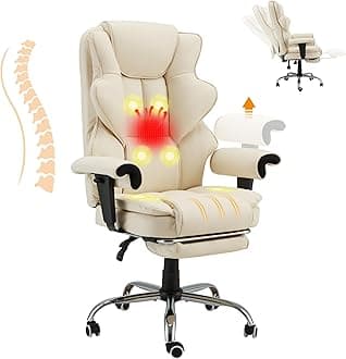 6-Point Massage Executive Chair,Heat Office Chair,Ergonomic Home Office Desk Chairs with Retractable Footrest and Reclining Function,Leather Computer Chair with Adjustable Armrest(‌Off White)