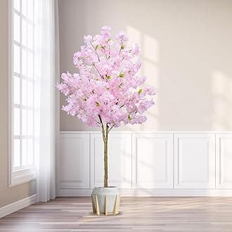 Artificial Cherry Blossom Tree,6FT Tall Fake Sakura Tree with Realistic Pink Silk Flower in Nursery Pot,17 Branches Faux Cherry Blossom Tree for Home Porch Indoor Outdoor Decor