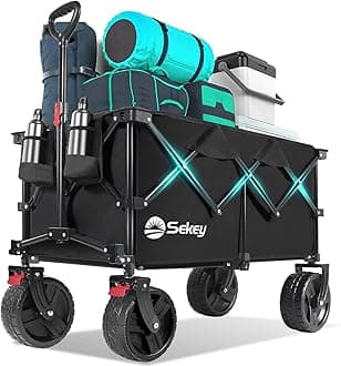 220L Wagons Carts Foldable with Big All-Terrian Beach Wheels, Collapsible Heavy DutyWagon with Cup Holders, Extra Large Folding Wagon,Foldable Wagon for Camping, Garden, Sports. Black