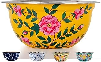 Large Hand Painted Stainless Steel Fruit Bowl - Decorative Floral Salad Mixing and Serving Bowl - Traditional Kashmiri Art for Home Decor (Yellow)