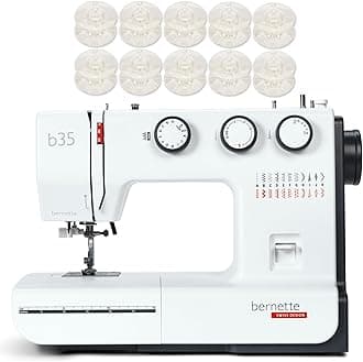 Bernette B35 Sewing Machine with 23 Built-In Stitches, 5mm Stitch Width, Front-Loading Hook, 1-Step Buttonhole, 10 Free Bobbins – Heavy Duty Quilting Kit with Needles, Threader, Light & Accessories