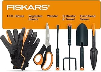 Vegetable Gardening Essentials 6-Piece Tool Set for Cultivating, Serrated Stainless Steel Shears & 4-in-1 Seed Sower for Planting, Rust-Resistant Steel Trowel, Cultivator, Weeder, L/XL Gloves