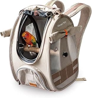 ibiyaya - BirdTricks TrackPack - Bird Backpack Carrier with Perch - Bird Carrier for Small Birds with Steel Feeding Bowl, and Breathable and Durable Material - Beige