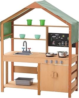 VEVOR Mud Kitchen for Kids Outdoor, Wooden Mud Kitchen Set with Canopy, Mud Kitchen for Kids Outdoor Backyard with Stoves, Planter Boxes, 2 Sink, Faucet, Blackboard, Cookware Pot