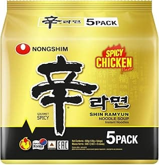 Nongshim Shin Ramyun Spicy Chicken Flavour Noodle Soup Instant Noodles Gourmet Spicy, 21.16 Oz 600 G, 5 Pack