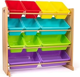 Kids Toy Storage Organizer with 12 Plastic Bins, Natural Wood/Rainbow – Removable Bins for Playroom, Bedroom, Toddler Furniture for Boys and Girls Ages