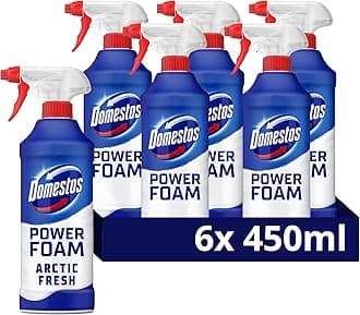 Power Foam Arctic Fresh Toilet & Bathroom Cleaner Spray sprays upside down & eliminates 99.99% of germs for cleaning inside the toilet & around bathroom 6x 450 ml