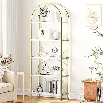 IDEALHOUSE Bookshelf 5 Tier Bookcase Arched Display Racks Tall Standing Bookshelves Metal Frame Modern Storage Rack Shelf Large Wood Book Shelf for Bedroom, Living Room, Home Office