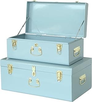 Vixdonos Metal Trunk Decorative Storage Box Set of 2 College Dorm Chest with Handle (Light Blue)