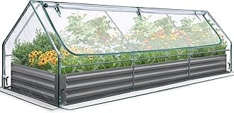 Quictent Galvanized Raised Garden Bed with Cover Metal Planter Box Kit, w/ 2 Large Screen Windows Mini Greenhouse 20pcs T Tags 1 Pair of Gloves Included Outdoor Growing Vegetables