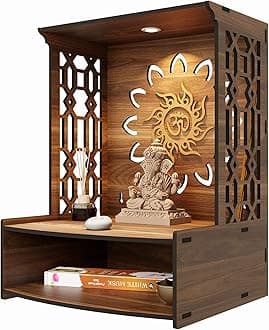 Industries Wooden Mandir for Home Pooja - Beautiful Temple Stand for Office With LED Spot Light (A1)