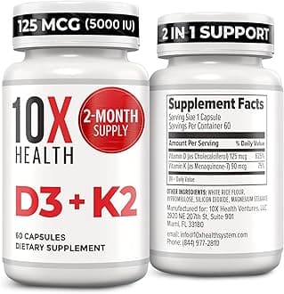 10X Health Vitamin D3 5000 IU & K2 MK7 - Menaquinone 7, High-Potency D3 K2 Vitamin Supplement for Bone Health, Heart and Teeth - 125 mcg Vitamin D & 90 mcg Vitamin K2-60 Capsules