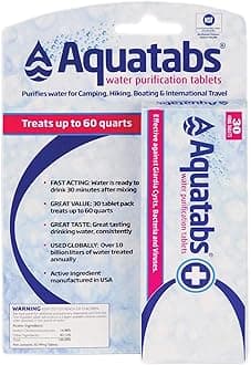 Aquatabs 49mg Water Purification Tablets (30 Pack). Portable Water Purifier for Camping Essentials, Lightweight Camping Gear or Survival Kit, EPA Registered & NSF/ANSI 60 Certified, Fast-Acting