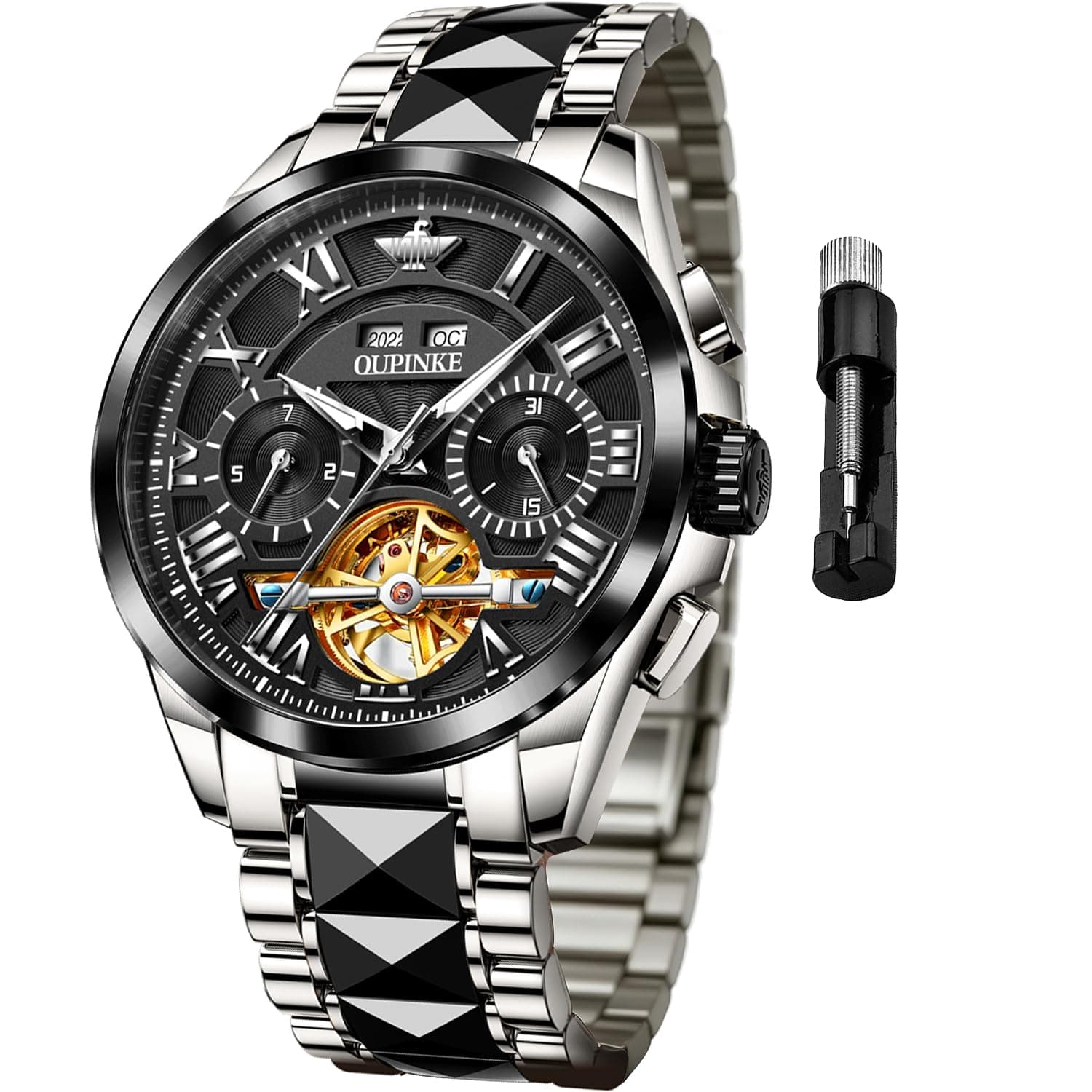 OUPINKE Men's Watches Automatic Skeleton Watch Mechanical Wrist Watch Business Luxury Stain Steel Waterproof Luminous, Black & Silver, Mechanical Skeleton Watch