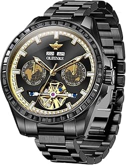 Watch for Men Automatic Wristwatch 3D Dial with 5ATM Waterproof Luminous Calendar Skeleton Watches-Sapphire Crystal Tungsten Steel Strap