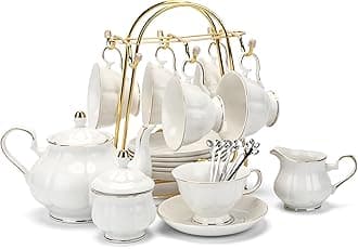 CHENP.HMC Tea Set 22-Piece Porcelain Ceramic Coffee Tea Gift Sets Cups Saucer Service for 6 Teapot Sugar Bowl Creamer Pitcher and Teaspoons (WHITE3)