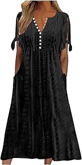 Elegant Summer Dresses for Women 2024 Trendy Tie Short Sleeve Button Down v Neck Eyelet Maxi Long Tshirt Dress