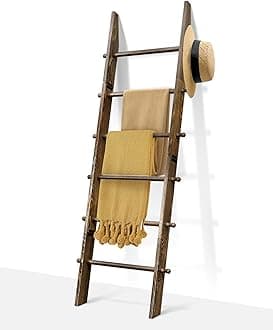 TEAKMAMA 6-Tier Blanket Ladder with Hanging Knobs,5.5 Ft Wall Leaning Blanket Ladders for Living Room Bedroom,Rustic Decorative Storage for Quilts,Throws,Easy to Assemble,Rustic Brown