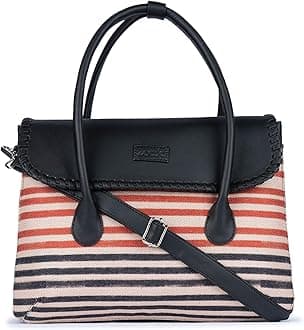 ZOUK Printed Jute Handcrafted Vegan Leather Multicolor Women's Satchel Bag | Ladies Purse Handbag | Double Handle Detachable Strap