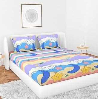 Filymore Good Night Kids Double Bedsheet with 2 Pillow Covers Cute Cartoon Printed Bed Cover Made with Pure Microfiber,Light Color Bedsheet (Size 90x90 Inch)(Colour-Beige)