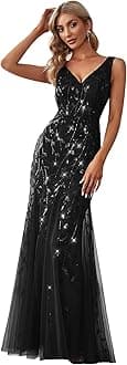 Ever-Pretty Women's Formal Dress Sequin Tulle Double V-Neck Sleeveless Mermaid Long Evening Dress 07886