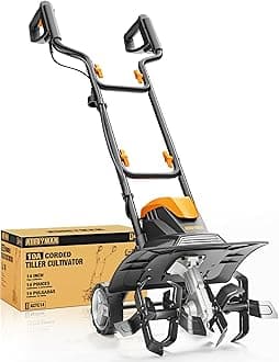 Alloyman 10-Amp Electric Tiller Cultivator, 14 Inch Tilling Width 8.7-Inch Corded Tiller with Foldable Handle, Adjustable Wheels Rototiller for Garden Lawn Yard Soil Cultivation