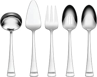 Lenox Silverware Serving Utensils Sets, Portola 5-Piece Hostess Set, Flatware Set, 18/10 Stainless Steel, Serving Spoons Fork Ladel & Pie Server, Mirror Finish Dishwasher Safe (Silver 5 Piece)