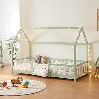 – [en.casa] Children's bed Sisimiut House bed 90 x 200 cm with fall-out protection Slatted frame Pine Mint green/White