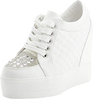 Women Wedges Sneakers with Hidden Heel Ankle High Platform Walking Shoes Fashion Bride Wedding Shoes (7.5, White-Rhinestone, Numeric_7_Point_5)