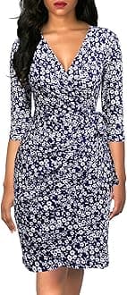 Women's Classic 3/4 Sleeve V Neck Sheath Casual Party Work Faux Black Wrap Dress