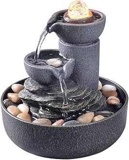 GOSSI Tabletop Fountain Indoor Fountain 2-Tiered Water Meditation Decorative Waterfall w/LED/Cobblestone/Glass Rolling Ball Soothing Sounds for Office and Home