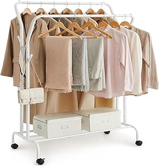 Clothes Rack, Double-Rod Clothing Rack for Hanging Clothes with Wheels, Garment Rack, Metal Frame, 220 lb Max. Total Load, 40.7 Inches Wide, Clothes Storage and Display, White UHSR107W01