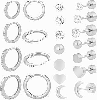 925 Sterling Silver Hypoallergenic Earrings,Small Hoop Earrings Cubic Zirconia Huggie Hoops,Surgical Steel Earrings Set,14K Gold Plated Flatback Heart Ball Moon CZ Studs for Women
