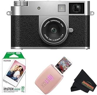 FUJIFILM X Half Digital Camera with Fujifilm Instax Mini Link 3 Smartphone Printer and Sunshine Microfiber Cleaning Cloth... (Silver, Rose Pink Printer + 20 Sheets)