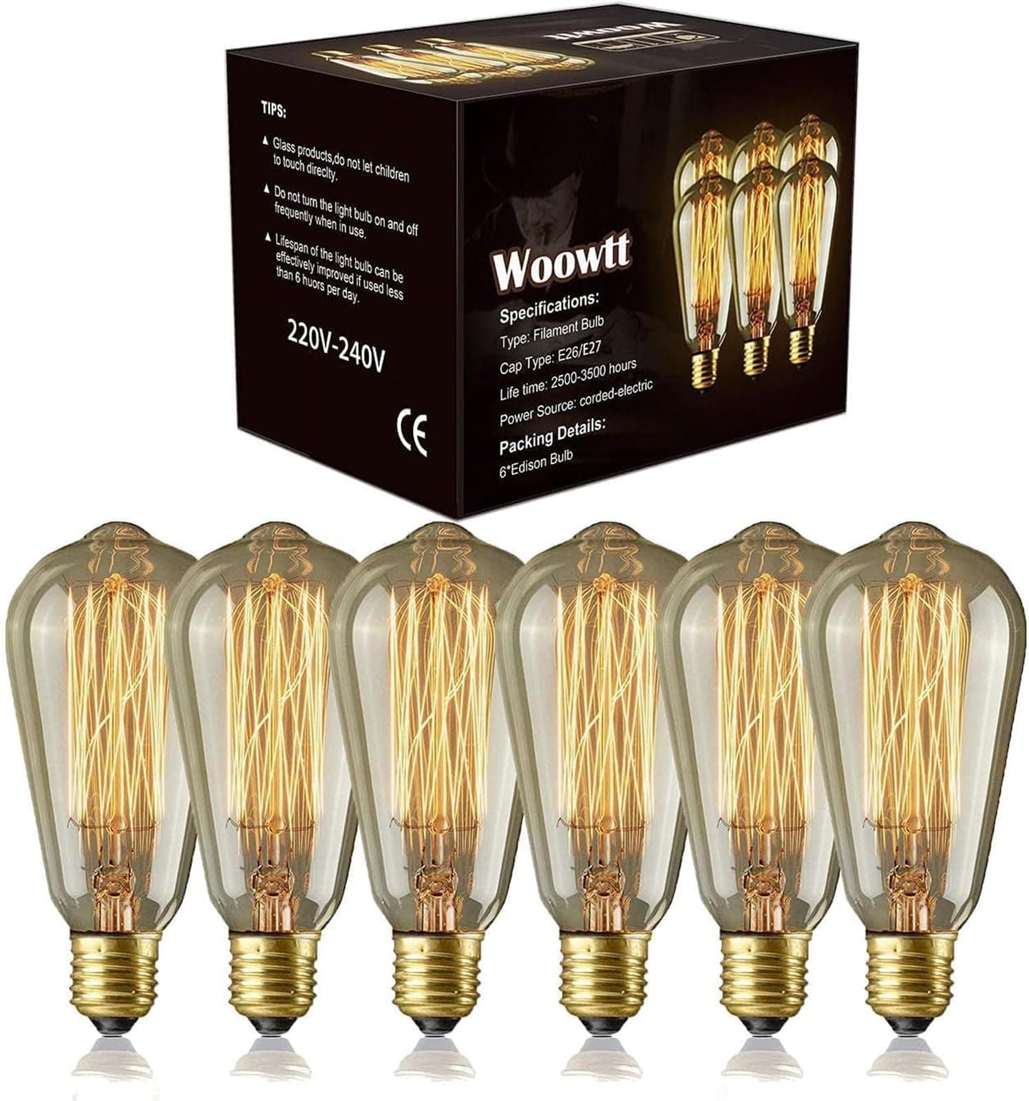 Woowtt Edison Light Bulb 6 Pack Classic Antique Bulb Style - Dimmable - Amber...