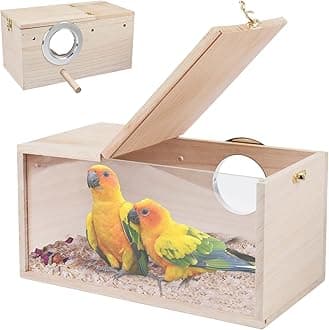 Rypet Parakeet Nesting Box Transparent Design, Thwartwise Bird Nest Breeding Box with Perch Wood Bird Cage House for Cockatiel Lovebirds Budgie Finch Parrotlets Canary M