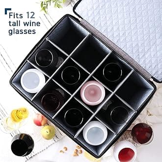 Wine Glass Storage Box with Dividers, 2 Pack Stackable Stemware Storage Cases, Service of 12 Glassware Storage Containers, Quilted China Storage Containers Hard Shell for Moving and Seasonal Storage