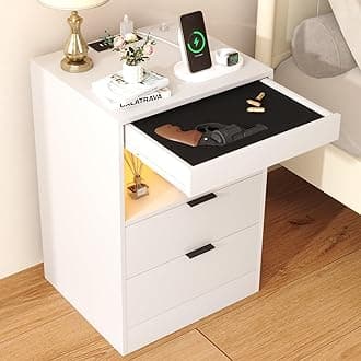 Yusong Night Stand with Gun Drawer & Invisible Lock, Bedside Table, LED Nightstand with Charging Station, Modern Night Stand, Wood Sofa Couch End Side Table with 2 Pull-Out Shelf, White