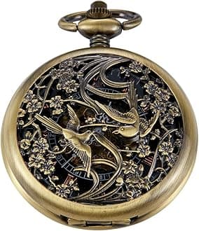 Bronze Men's Antique Mechanical Pocket Watch, Skeleton Mechanical Roman Numerals Pocket Watch with Chain + Box