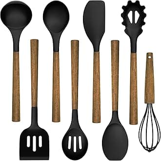 Umite Chef Silicone Cooking Utensil Set, 8-Piece Kitchen Set with Natural Acacia Wooden Handles,Food-Grade Silicone Heads-Silicone Kitchen Gadgets Spatulas Set for Nonstick Cookware- Black