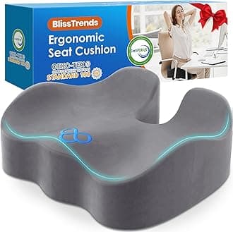 BlissTrends Seat Cushion,5.2in Thick Memory Foam Cushions for Office Chair, Car Seat, Airplane, Relieving Pressure Tailbone Sciatica Back Pain for Long Sitting Office Workers, Car Drivers LightGrey