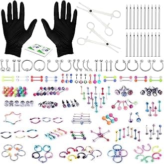 BodyJ4You 156PC Body Piercing Kit - 14G 16G 18G 20G - Belly Ring Nose Septum Tragus Ear Cartilage Industrial - Horseshoe Ring Hoop Barbell Stud Spike - Random Mix Jewelry