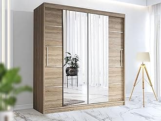 RAC3 Race to Road Modern Bedroom Sliding Wardrobe with LED Light - Ample Storage Space and Sleek Design comes in White/Grey/Black/Oak and Width 150cm/180cm/203cm/250cm (Oak, 180cm)